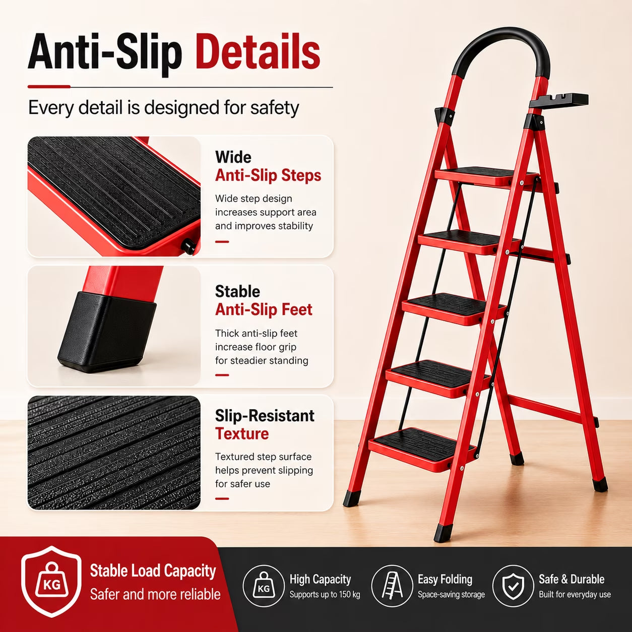 5 Step Folding Step Ladder with Handrail, Anti-Slip Wide Pedal Safety Buckle Household Portable Steel Step