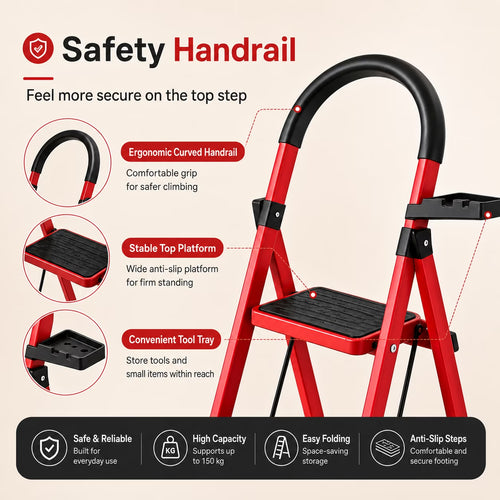 5 Step Folding Step Ladder with Handrail, Anti-Slip Wide Pedal Safety Buckle Household Portable Steel Step