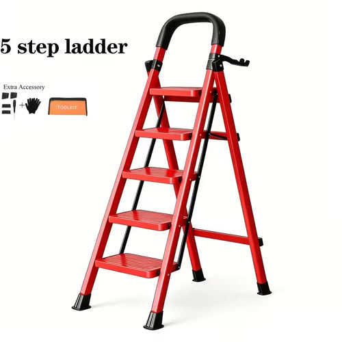 5 Step Folding Step Ladder with Handrail, Anti-Slip Wide Pedal Safety Buckle Household Portable Steel Step