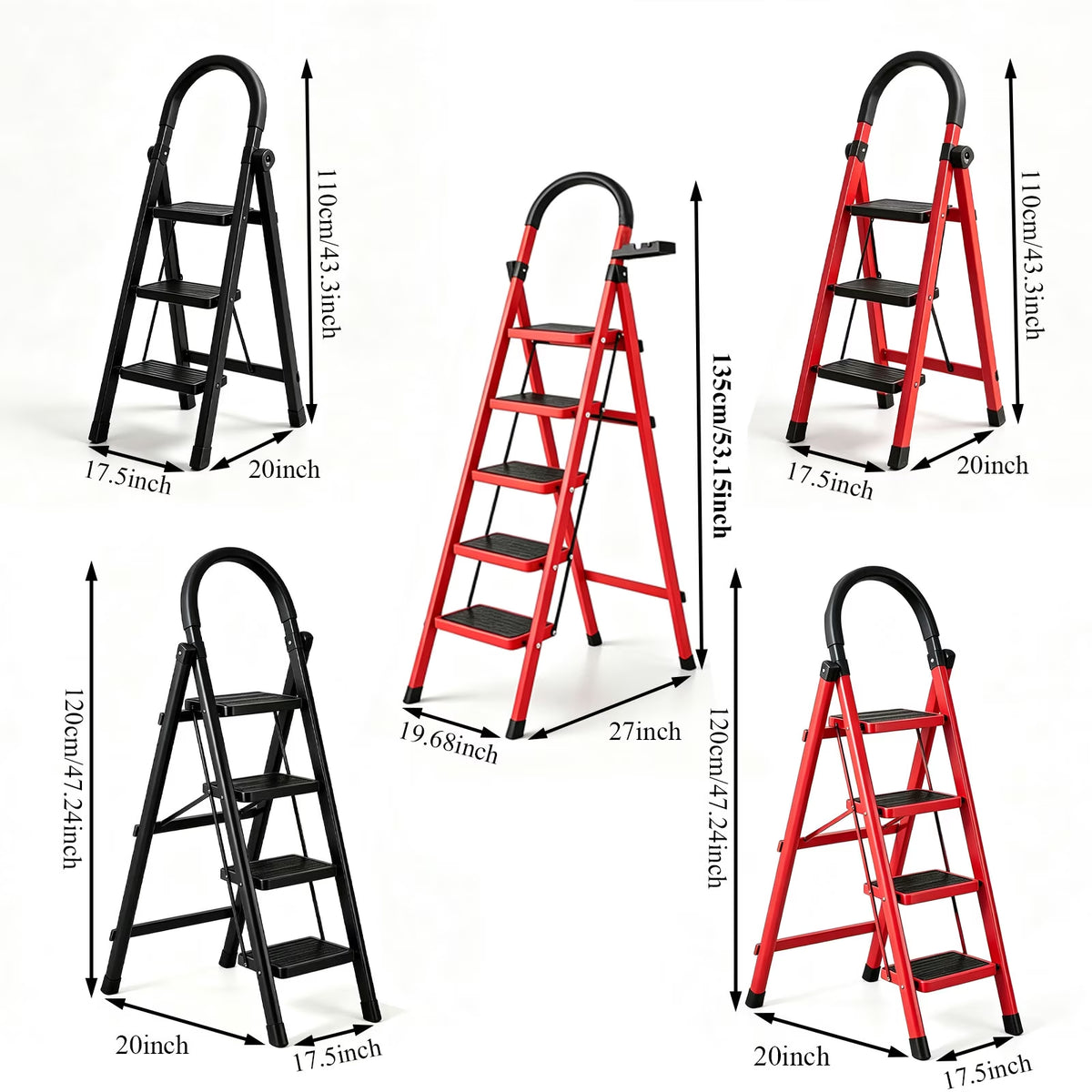 5 Step Folding Step Ladder with Handrail, Anti-Slip Wide Pedal Safety Buckle Household Portable Steel Step